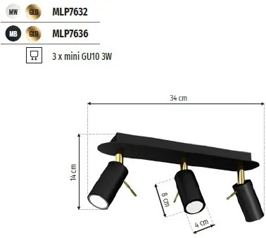 Lustra cu 3 spoturi mini GU10 directionabile design modern PRESTON GOLD alb, auriu