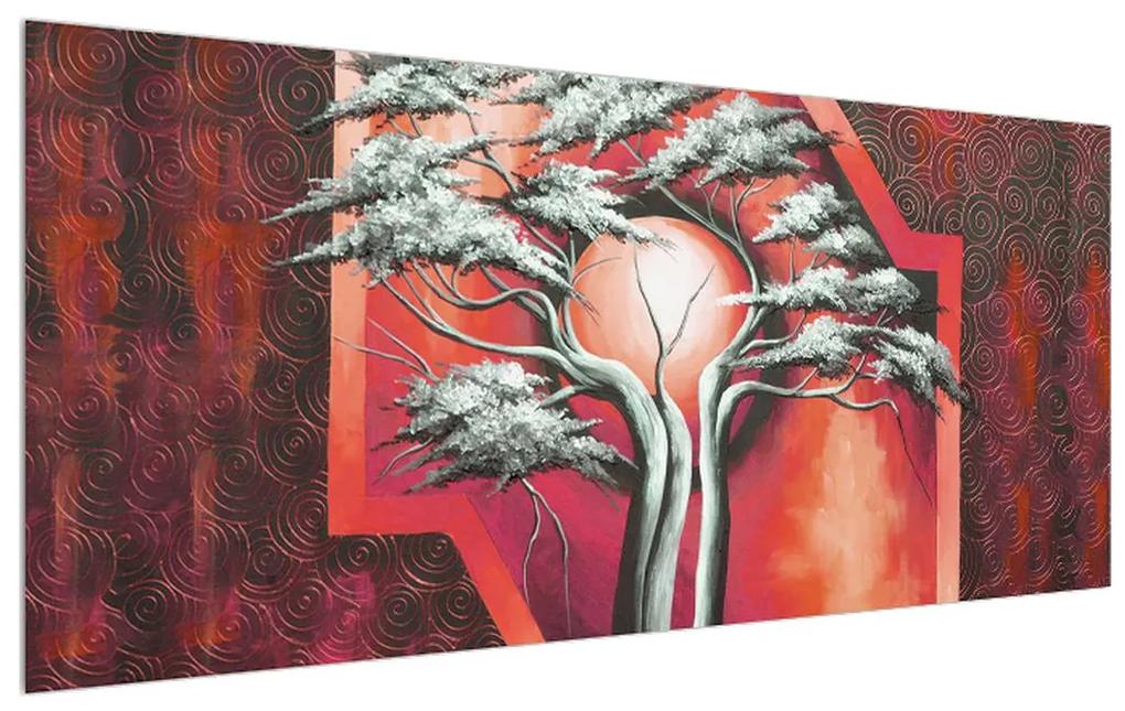 Tablou oriental roșu cu pom și soare (120x50 cm), în 40 de alte dimensiuni noi