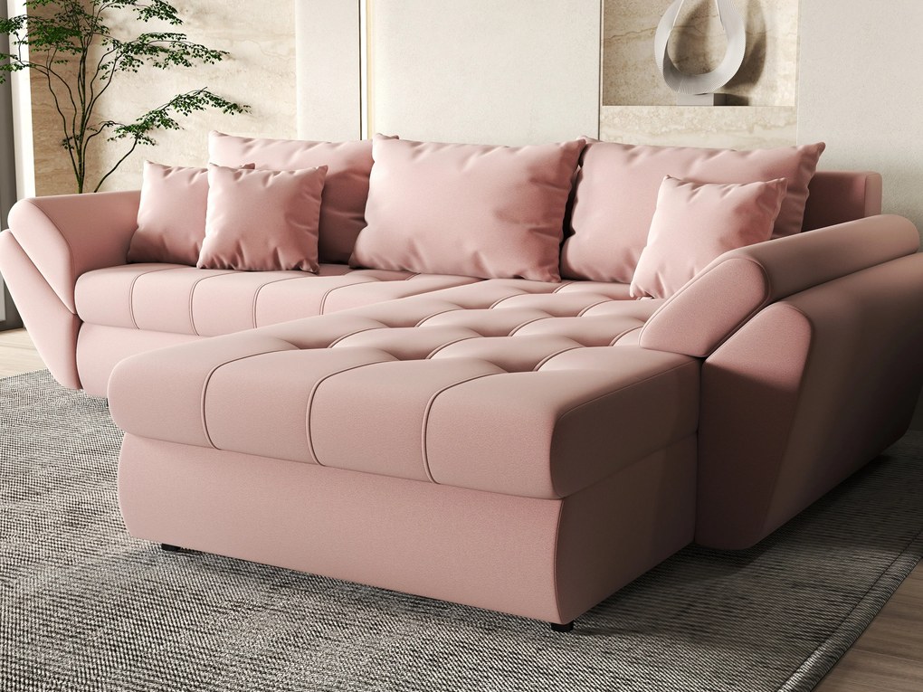 Colțar extensibil dumonde cu ladă de depozitare si sezut confortabil din spuma high-density, Loana Royal Pink II 270x185 cm