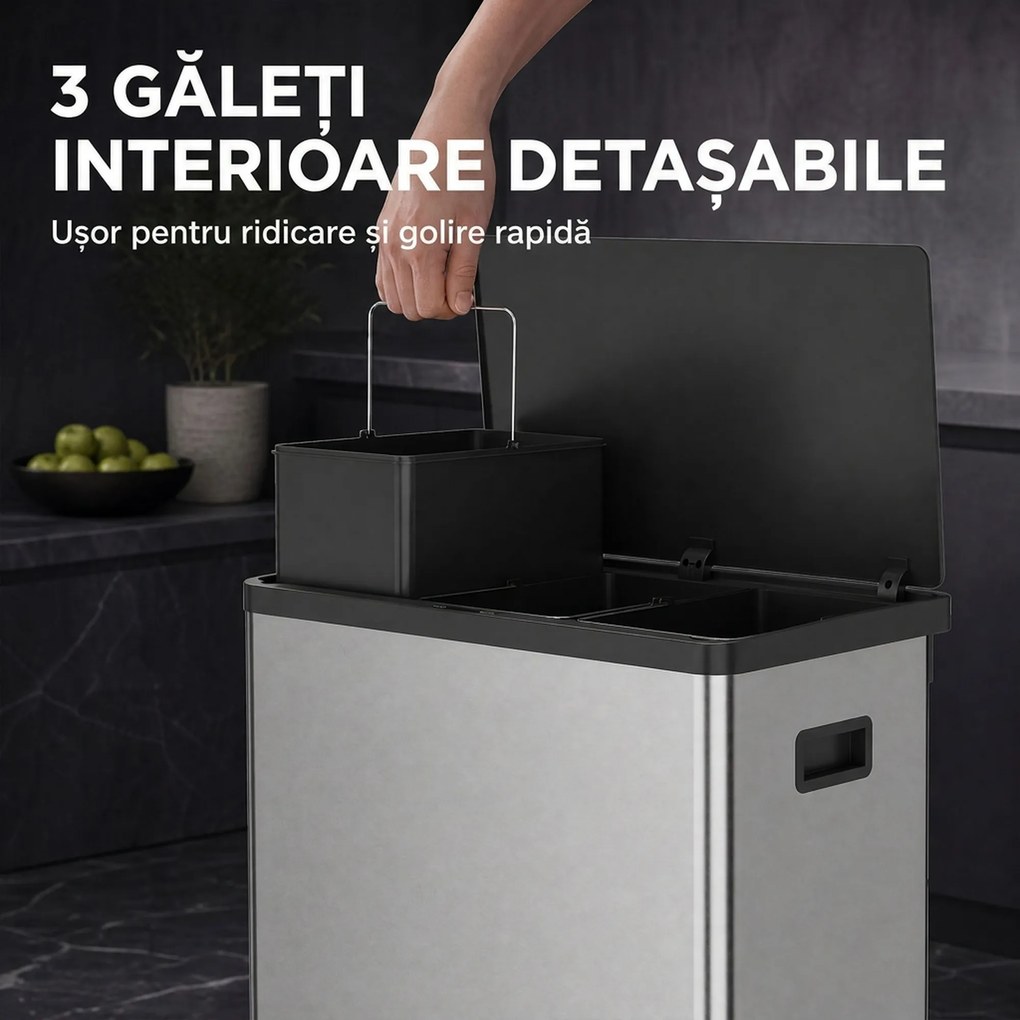 HOMCOM Coș de gunoi automat cu senzor, 54 L, 3 compartimente, oțel inoxidabil, argintiu | Aosom Romania