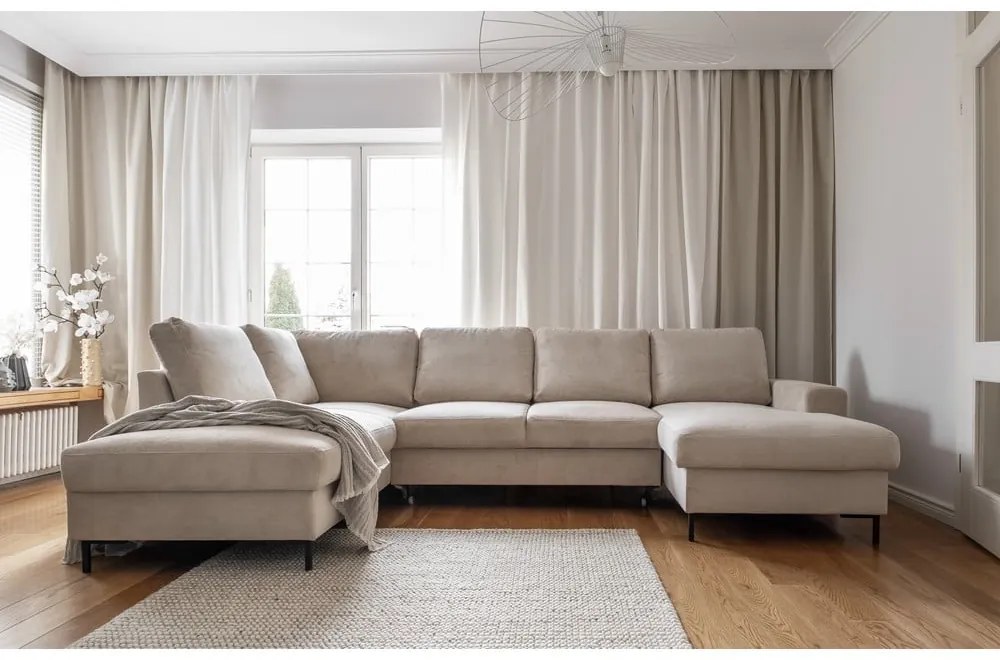 Colțar bej extensibil cu tapițerie din catifea reiată (cu colț pe partea stângă ) Lofty Lilly – Miuform