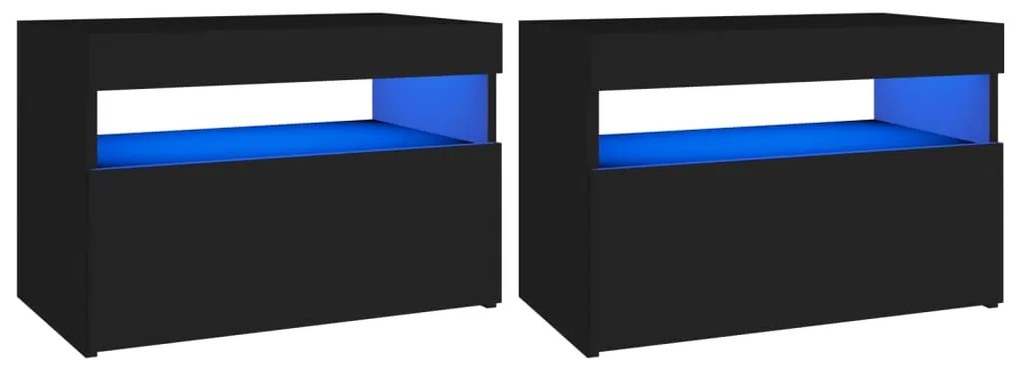 3082777 vidaXL Noptiere cu lumini LED, 2buc., negru, 60x35x40cm lemn prelucrat