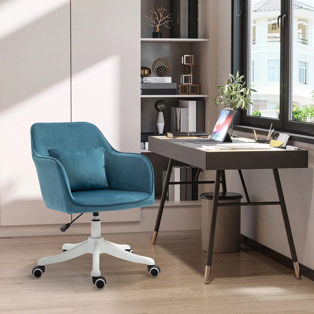 HOMCOM Scaun de birou din catifea fauteuil bureau masant, cu pernă lombară integrată, înălțime reglabilă, pivotant la 360°, albastru | Aosom Romania