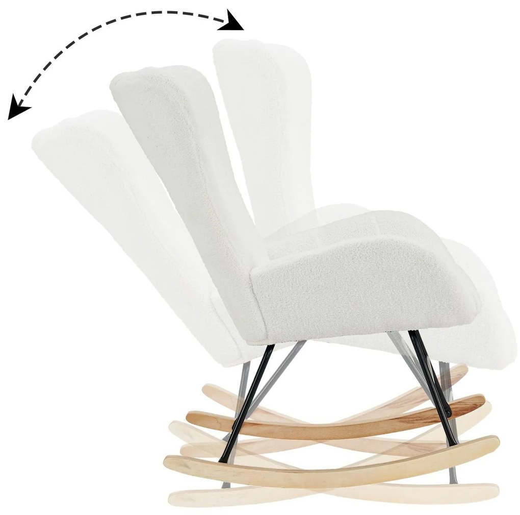 Fotoliu balansoar de relaxare cu spătar ergonomic și brațe, din catifea Teddy confortabilă, Alb