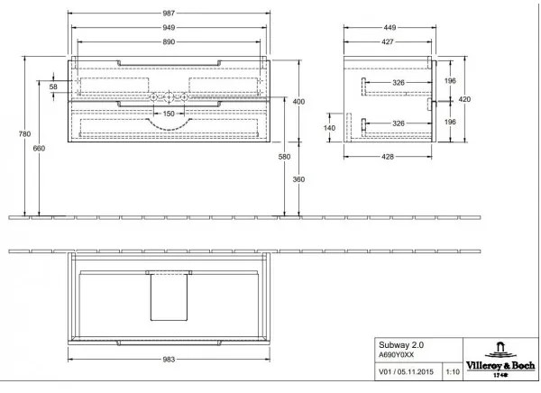 Dulap baza suspendat, Villeroy&amp;Boch Subway 2.0, 98.7x42x44.9cm, A69010E8