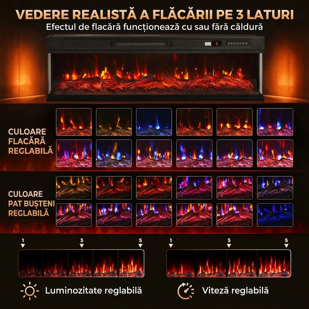 HOMCOM Șemineu electric de podea/încastrabil, 3 laturi, cu telecomandă, 750/1500W, efect flacără 3D, 12 culori, 5 niveluri de luminozitate | Aosom Romania