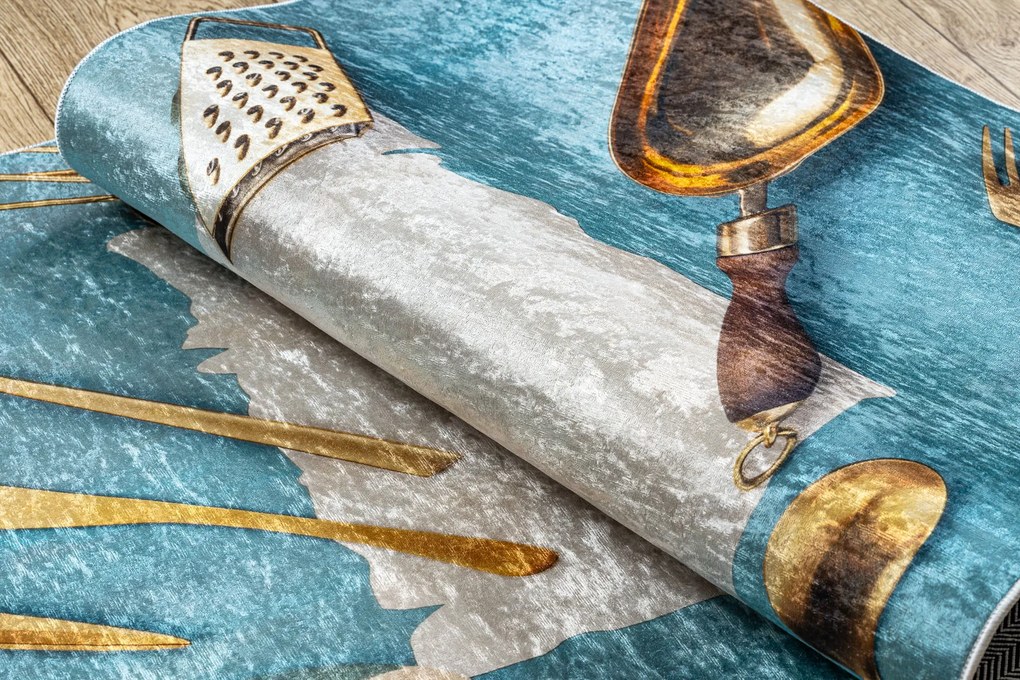 ANDRE 33220 covor lavabil linguri, bucatarie, anti-alunecare - albastru / aur