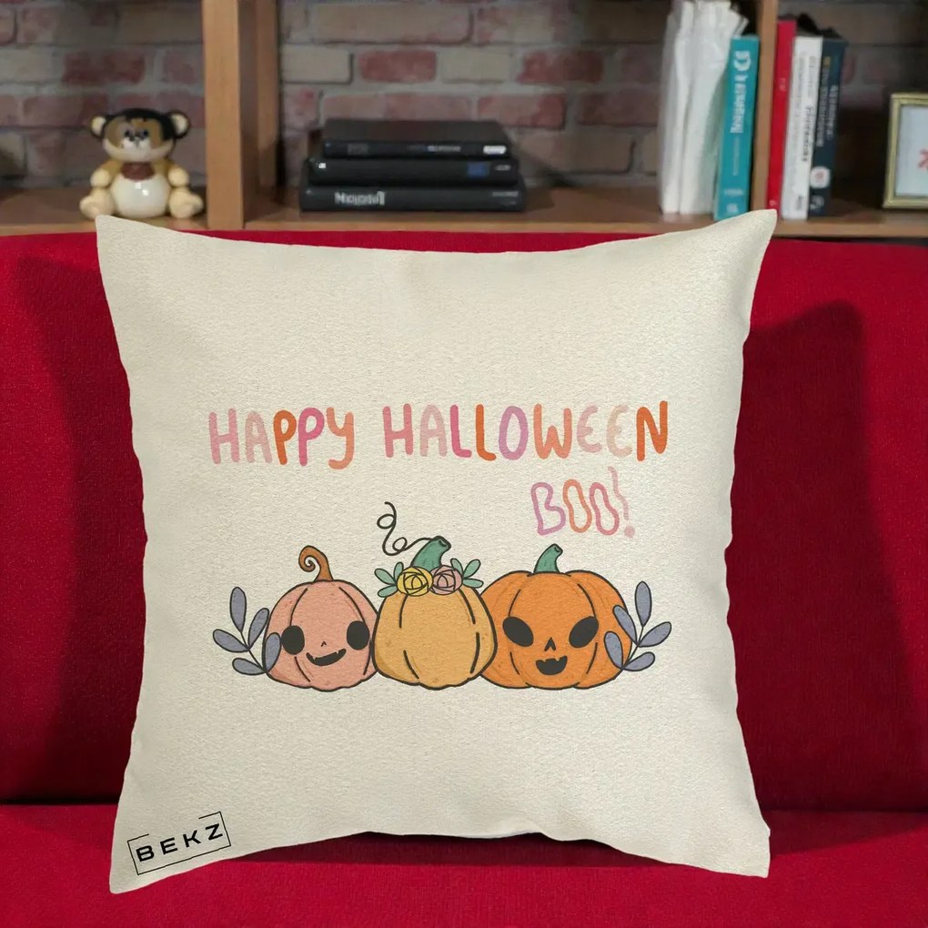 Perna Decorativa Happy Halloween Boo Trei Dovlecei Kawaii, 40x40 cm, Ecru, Husa Detasabila, Perna Inclusa, BEKZ®