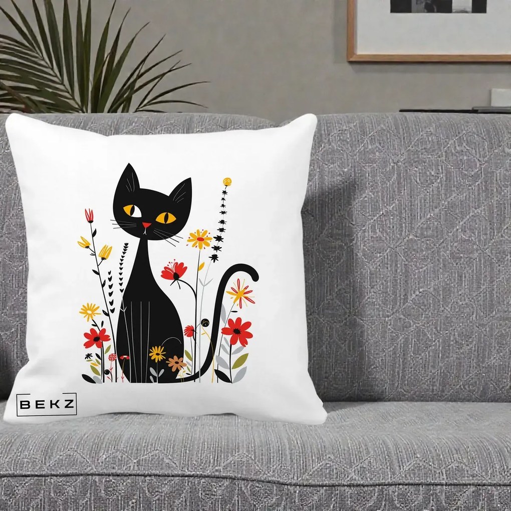 Perna Decorativa Pisica Neagra Ochi Galbeni Flori, 40x40 cm, Alba Mata, Husa Detasabila, Perna Inclusa, BEKZ®