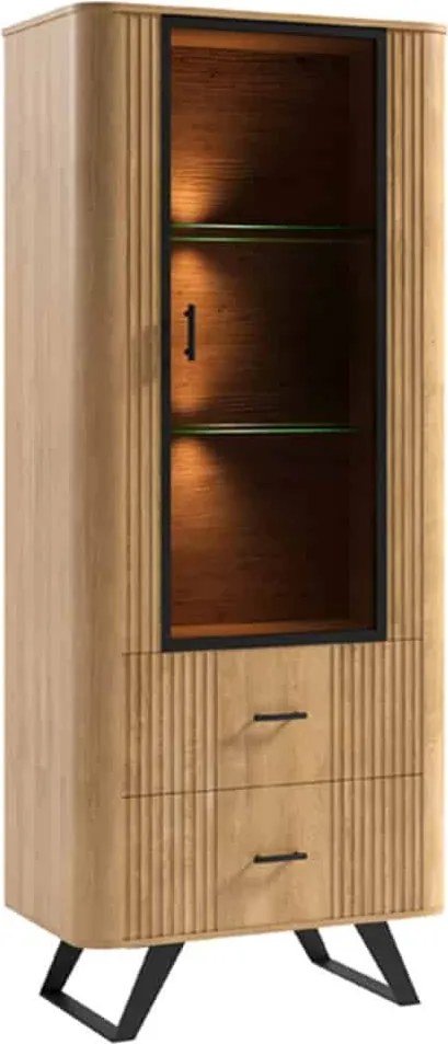 Vitrină lemn masiv natur Santiago III -Negru, 70 × 39,7 × 170 cm