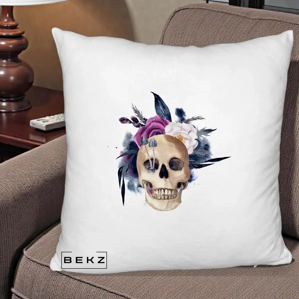 Perna Decorativa Craniu Floral cu Trandafiri si Ciuperci, 40x40 cm, Alb Pufos, Husa Detasabila, Perna Inclusa, BEKZ®
