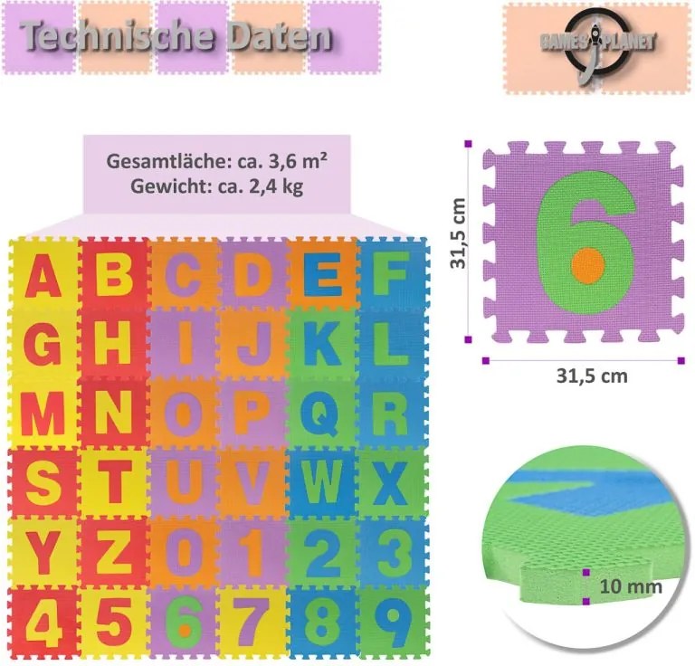 Covoraș educativ puzzle EVA, litere și cifre, 86 piese, 3,6m