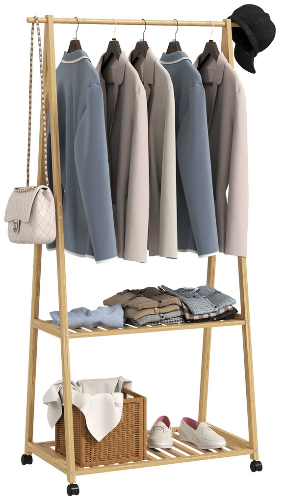 HOMCOM Suport pentru Haine din Bambus cu Roți 2 Rafturi Deschise și 2 Găuri 84,5x43,5x158 cm Natural | Aosom Romania