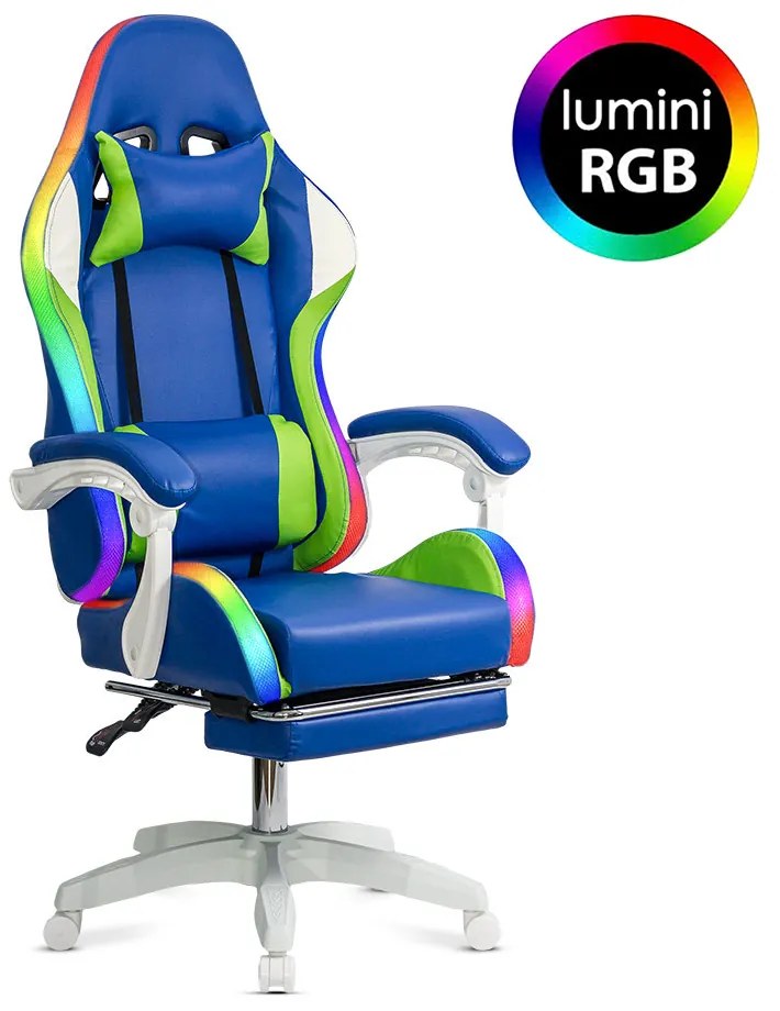 Scaun gaming albastru piele sintetică cu suport picioare si banda LED RGB OFF 298