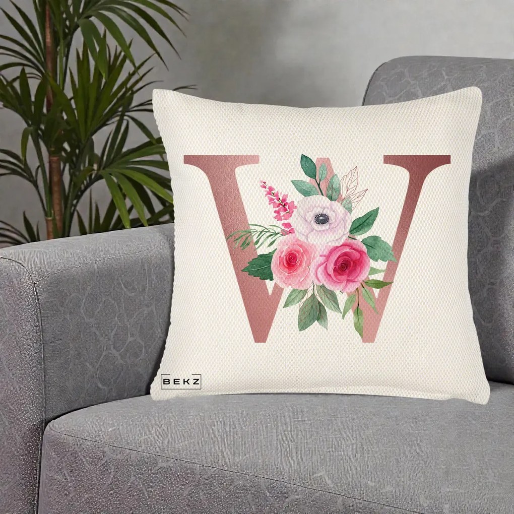 Cadou Personalizat - Perna Personalizata Monograma Rose Gold Litera W cu Trandafiri si Anemona, 40x40 cm, Crem Reliefat, Husa Detasabila, Perna Inclusa, BEKZ®
