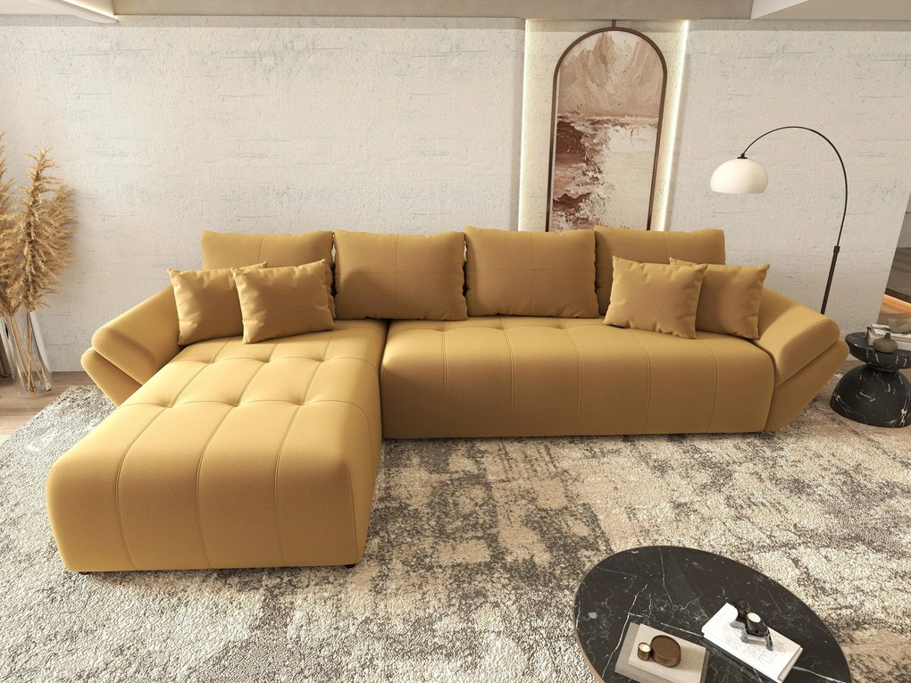 Colțar extensibil dumonde cu ladă de depozitare si sezut confortabil din spuma high-density, Berlin XL Royal Mustar 350x185 cm