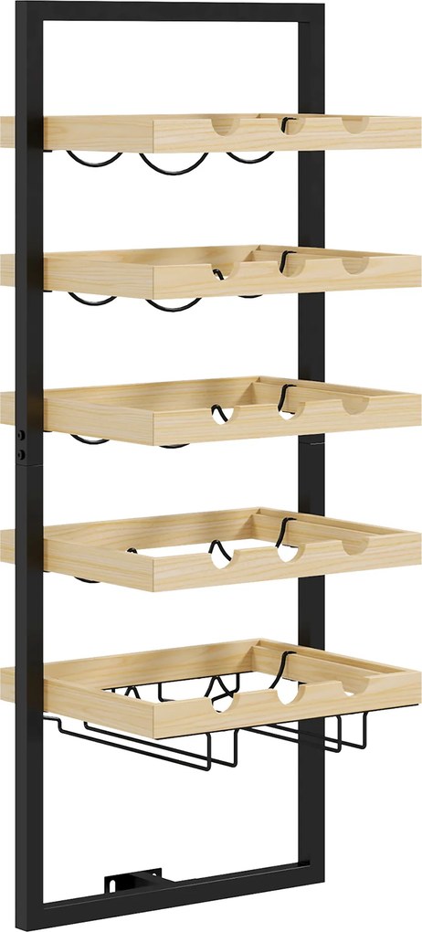 HOMCOM Raft de Perete pentru Sticle din Lemn și Oțel, Suport pentru 15 Sticle de Vin și 4 pahare, 35x25x86 cm, Natural | Aosom Romania