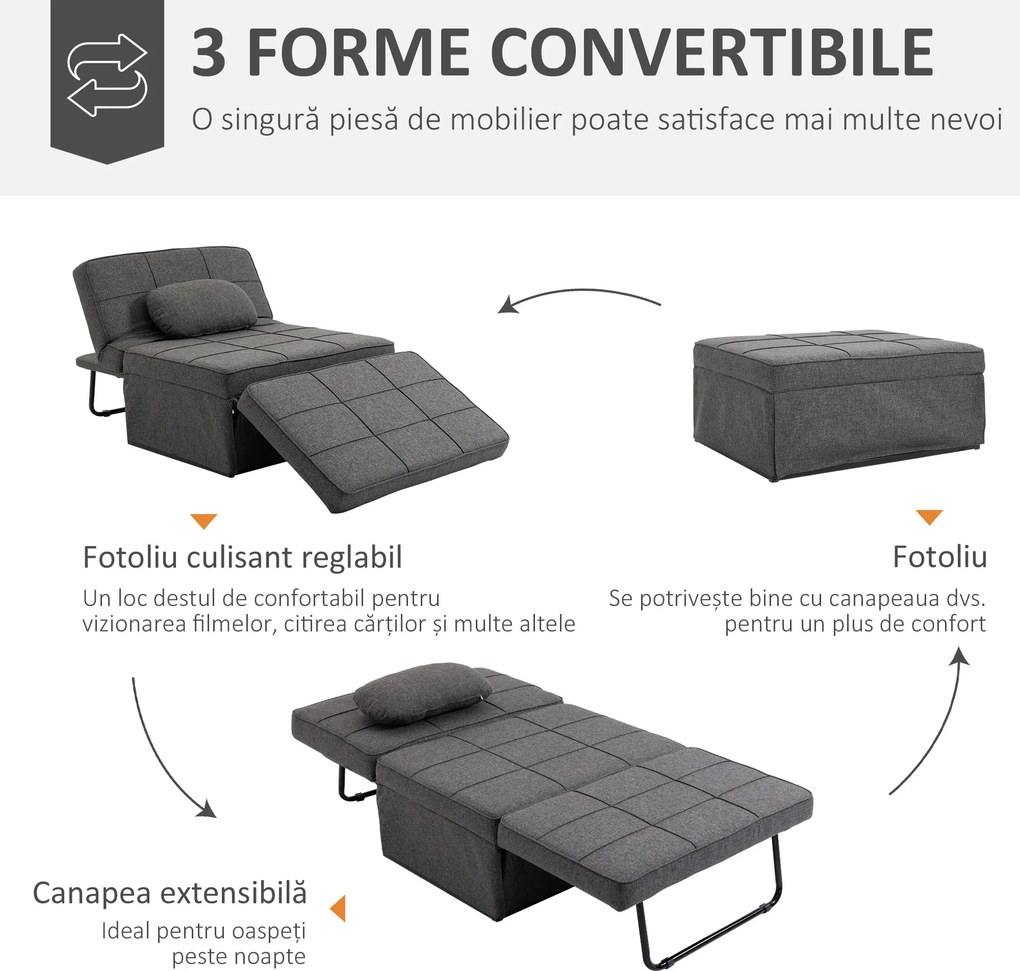 HOMCOM Canapea extensibilă cu Spătar Reglabil pe 5 Nivele și Pernă Suplimentară, 95x179x78 cm, Gri | Aosom Romania