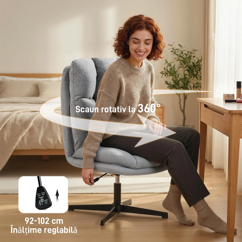 HOMCOM Fotoliu Rotativ de Living din Material Tip In, Fotoliu fără Brațe cu Șezut Spațios și Picioare din Metal, Gri Deschis | Aosom Romania