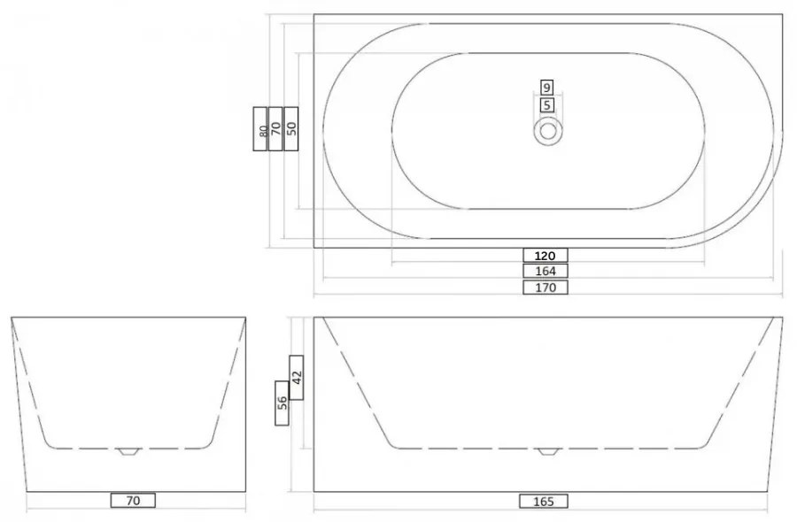 Cada baie freestanding cu montare pe colt 170 x 80 cm, stanga, Bella Casa Ciri Stanga, 1700x800 mm