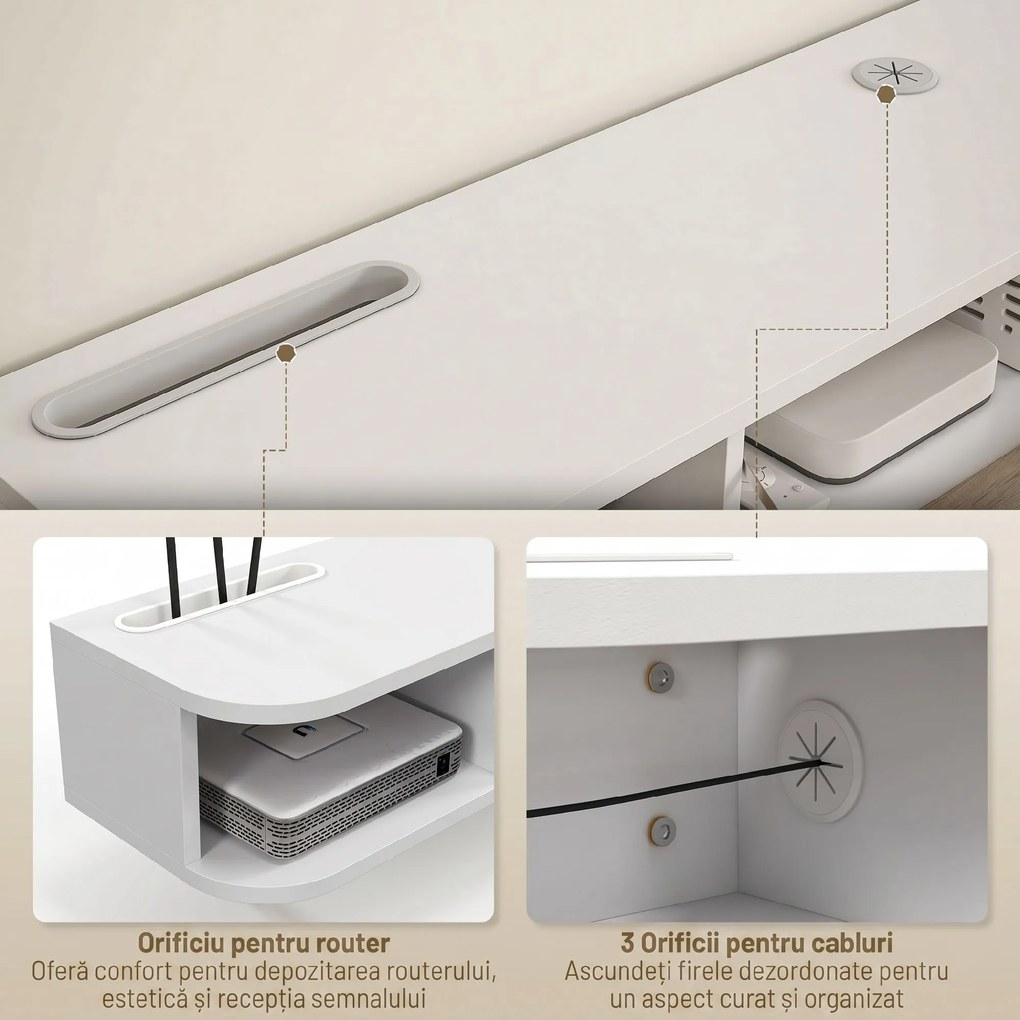 HOMCOM,Suport TV,Cu 2 Rafturi Deschise și Dulap cu Ușă Rabatabilă,MDF,120cm x 26cm x 16cm,Alb, gri | Aosom Romania