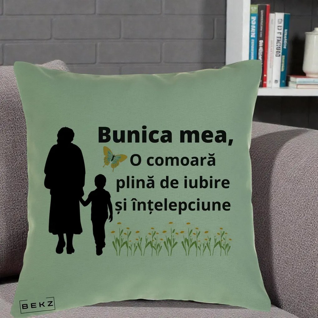 Cadou pentru Bunica - Perna Personalizata Bunica Mea Comoara cu Fluture si Baietel, 40x40 cm, Verde, Husa Detasabila, Perna Inclusa, BEKZ®