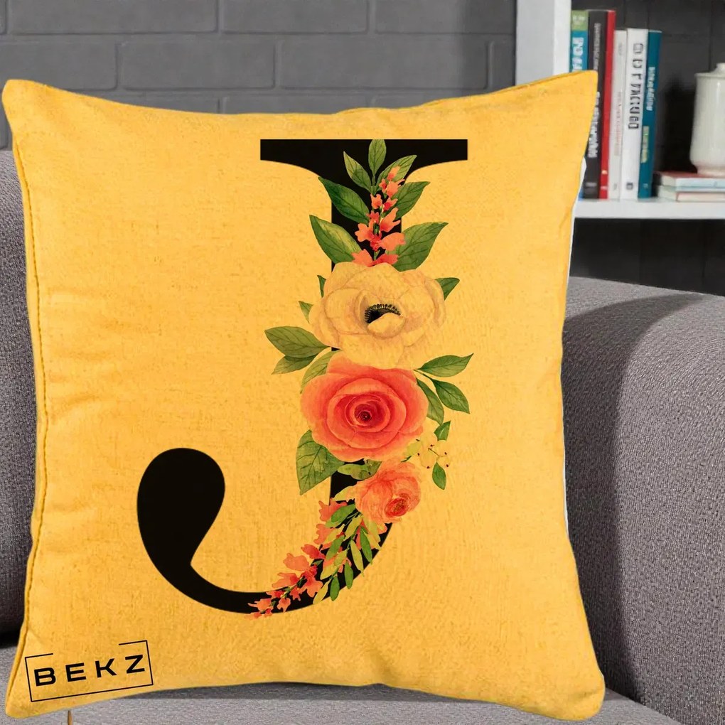 Cadou Personalizat - Perna Personalizata Monograma Florala Litera J, 40x40 cm, Galben, Husa Detasabila, Perna Inclusa, BEKZ®