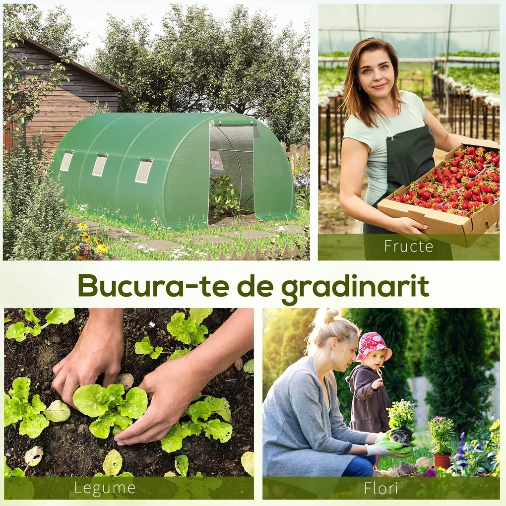 Outsunny Seră Tunel Mare pentru Plante, Copertină PE, Ușă cu Fermoar și 6 Ferestre, 450x300x200 cm, Verde | Aosom Romania