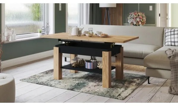 Masă extensibilă ADONIS cu poliță, stejar craft/negru, pentru living și dining