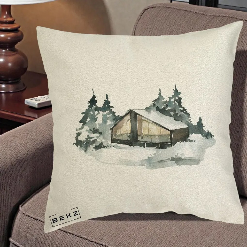 Perna Decorativa Cabana de Iarna in Padure, 40x40 cm, Ecru, Husa Detasabila, Perna Inclusa, BEKZ®
