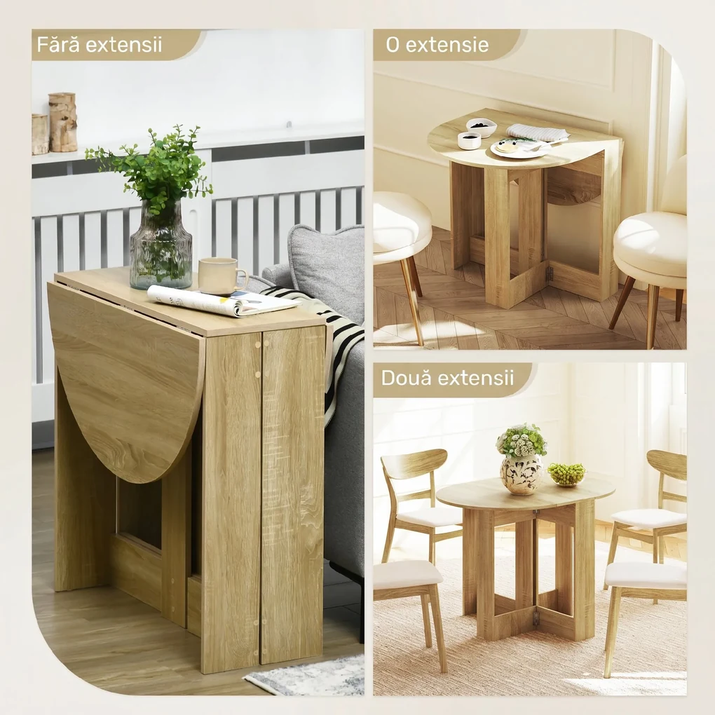 Mesa de madeira clara mostrada sem abas, com uma aba e com duas abas abertas ao redor de cadeiras