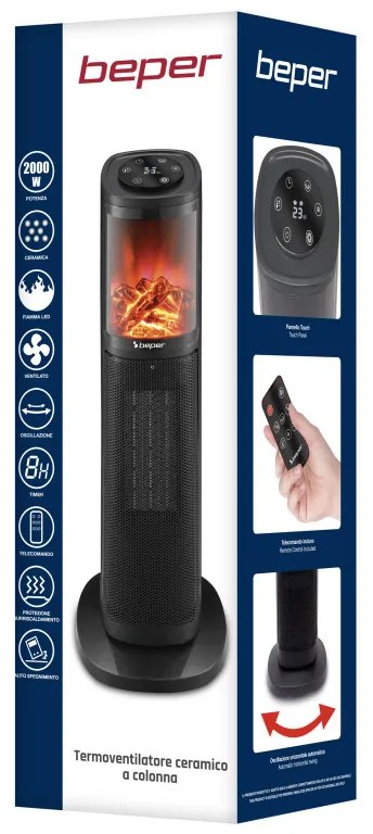 Incalzitor ceramic Beper P203TER011, 2000W, Afisaj LED, Efect foc 3D, Timer 8 ore, Negru