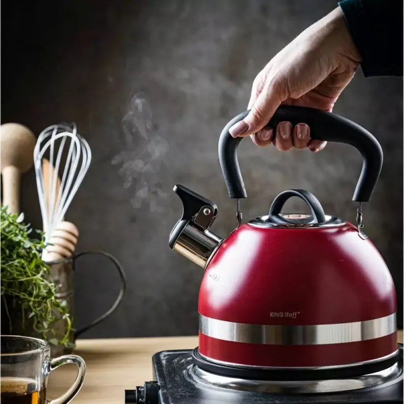 Ceainic cu fluier Kinghoff KH 1853, 1.8 l, Maner izolat termic, Inductie, Rosu/ Inox