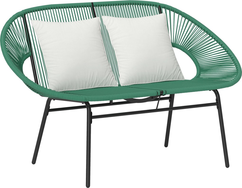 Outsunny Bancă de Grădină 2 Locuri din Răchită PE, Canapea de Exterior cu Perne, Cotiere și Cadru din Oțel, Bancă pentru Terasă și Curte, 132x72x83 cm, Verde Închis | Aosom Romania