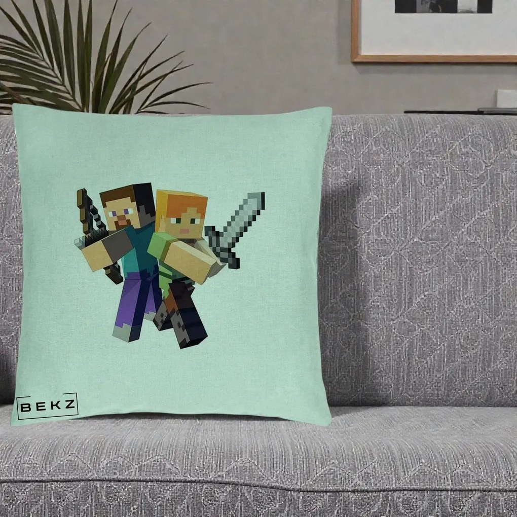 Perna Personalizata Minecraft Steve si Alex, 40x40 cm, Verde Menta, Husa Detasabila, Perna Inclusa, BEKZ®
