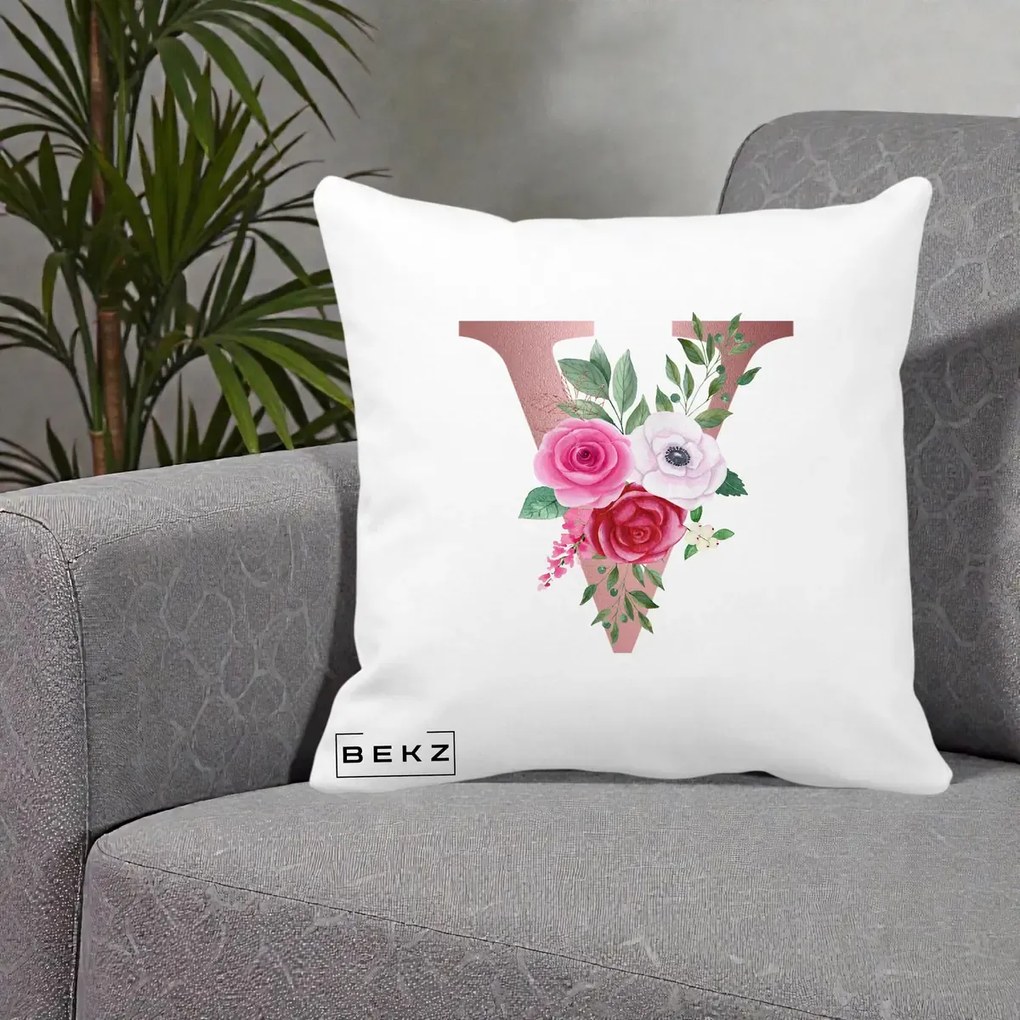 Cadou Personalizat - Perna Personalizata Monograma Rose Gold Litera V, 40x40 cm, Alba Mata, Husa Detasabila, Perna Inclusa, BEKZ®