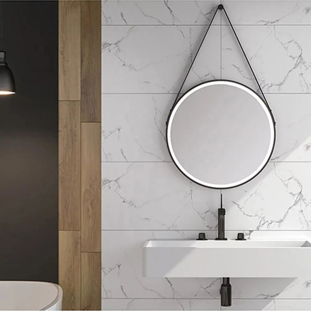 Oglinda cu iluminare LED si dezaburie Fluminia Mona 60 cm rama din piele