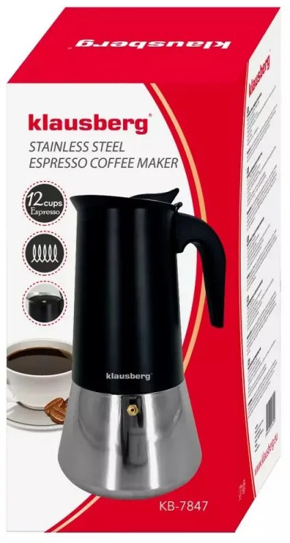 Cafetiera moka Klausberg KB 7847, 12 cesti, 600 ml, Otel inoxidabil, Inductie, Negru/Inox