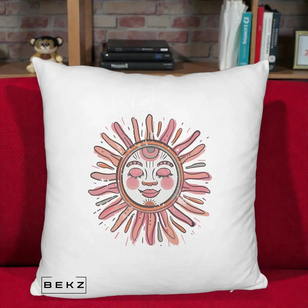 Perna Decorativa Soare Roz Tribal, 40x40 cm, Alb Pufos, Husa Detasabila, Perna Inclusa, BEKZ®
