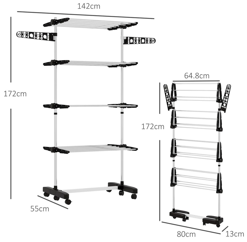 HOMCOM Uscător de Rufe Pliabil, Uscător Tip Turn cu 6 Roți, Cârlige și 4 Rafturi Reglabile, 142x55x172 cm, Argintiu | Aosom Romania