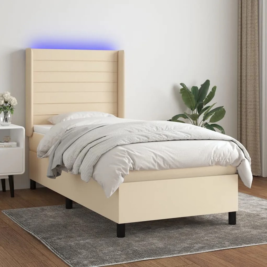 vidaXL Pat cu arcuri, saltea și LED, crem, 80x200 cm, textil