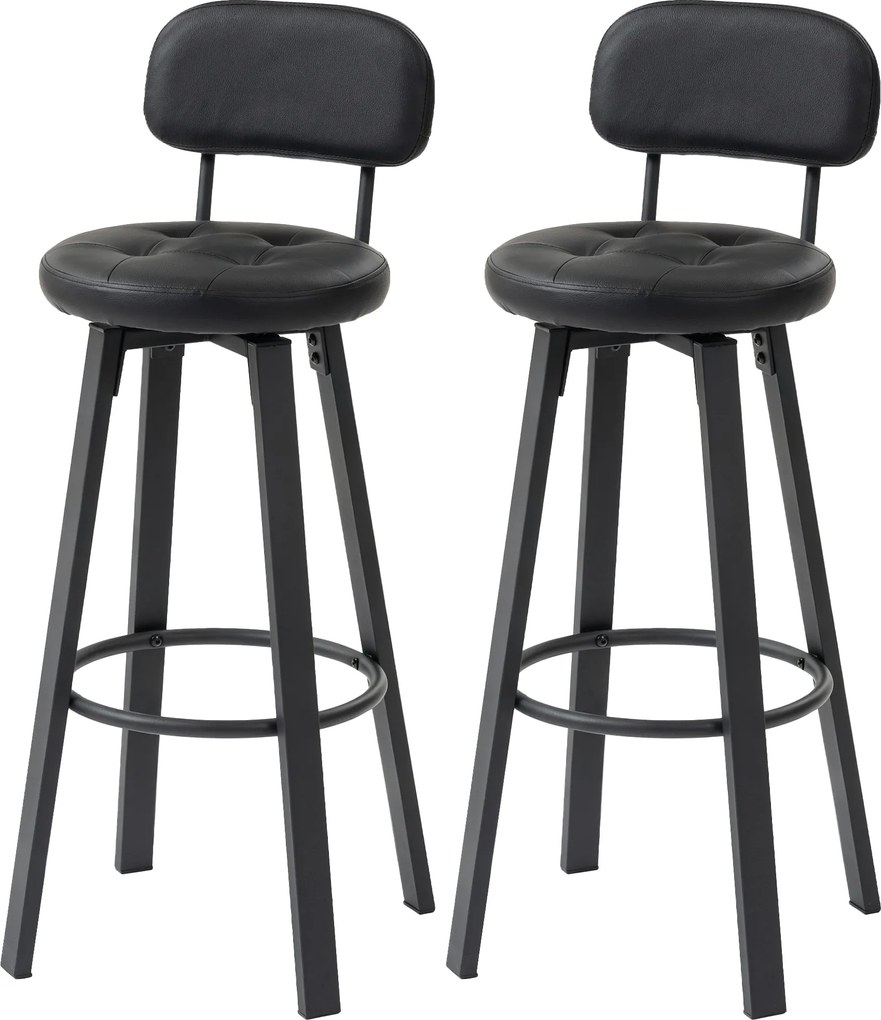 HOMCOM Set 2 scaune de bar, tapițerie din piele ecologică, șezut căptușit, suport pentru picioare, spătar, cadru metalic, Negru | Aosom Romania