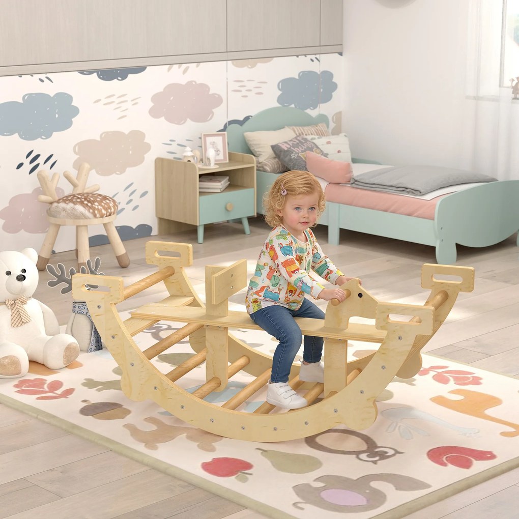 AIYAPLAY Arc Montessori din Lemn pentru Copii 2-4 Ani, Convertibil în Balansoar, Joc de Cățărare, 110x52x45 cm, culoare Lemn | Aosom Romania