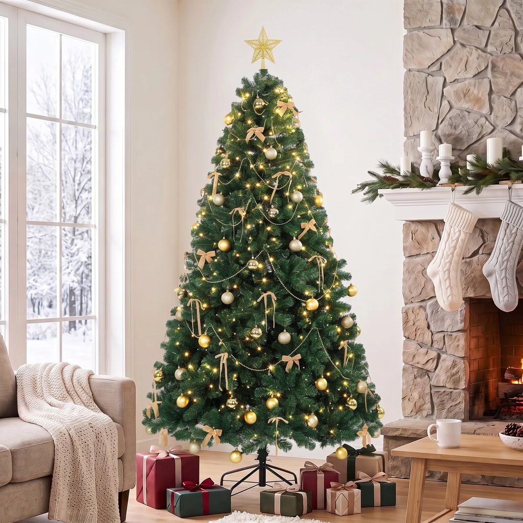 HOMCOM Brad de Crăciun Artificial 180 cm cu 240 Lumini LED, 755 Ramuri din PVC, Stea, Globuri, Fundițe, Verde | Aosom Romania