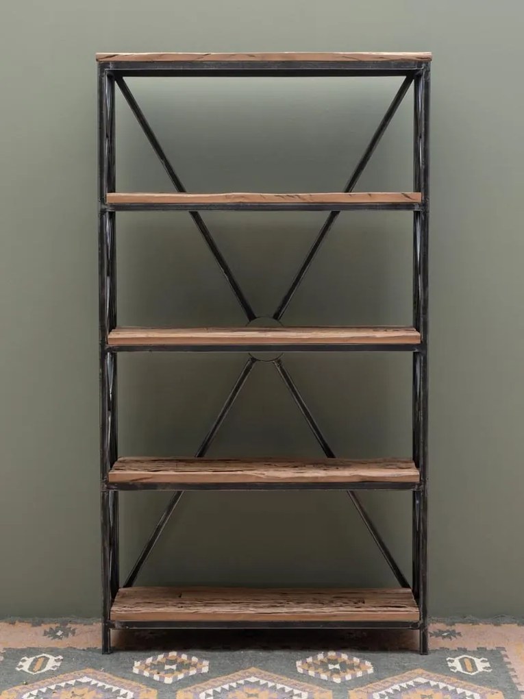 Etajera din lemn reciclat si metal, cu 4 rafturi, aspect vintage, Oregon