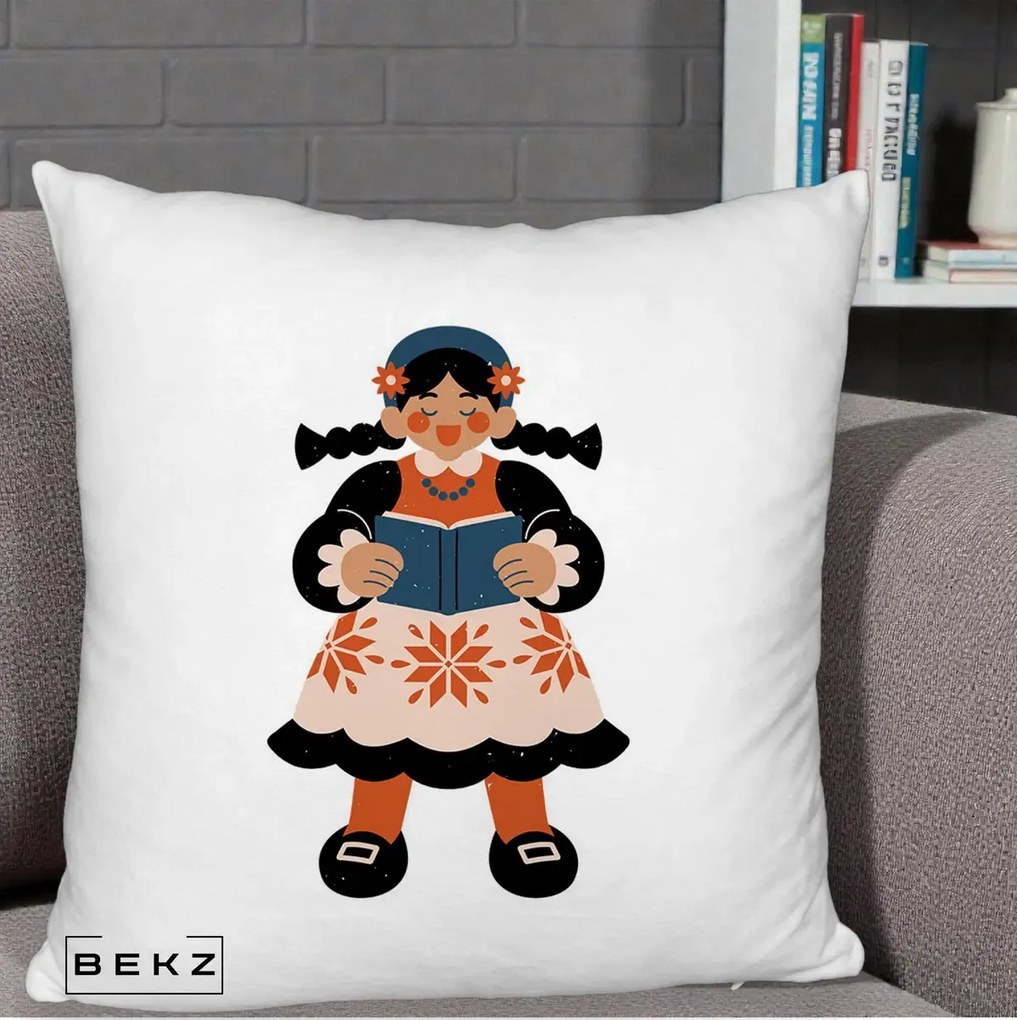 Perna Personalizata Fetita cu Carte Ilustratie Folk, 40x40 cm, Alb Pufos, Husa Detasabila, Perna Inclusa, BEKZ®