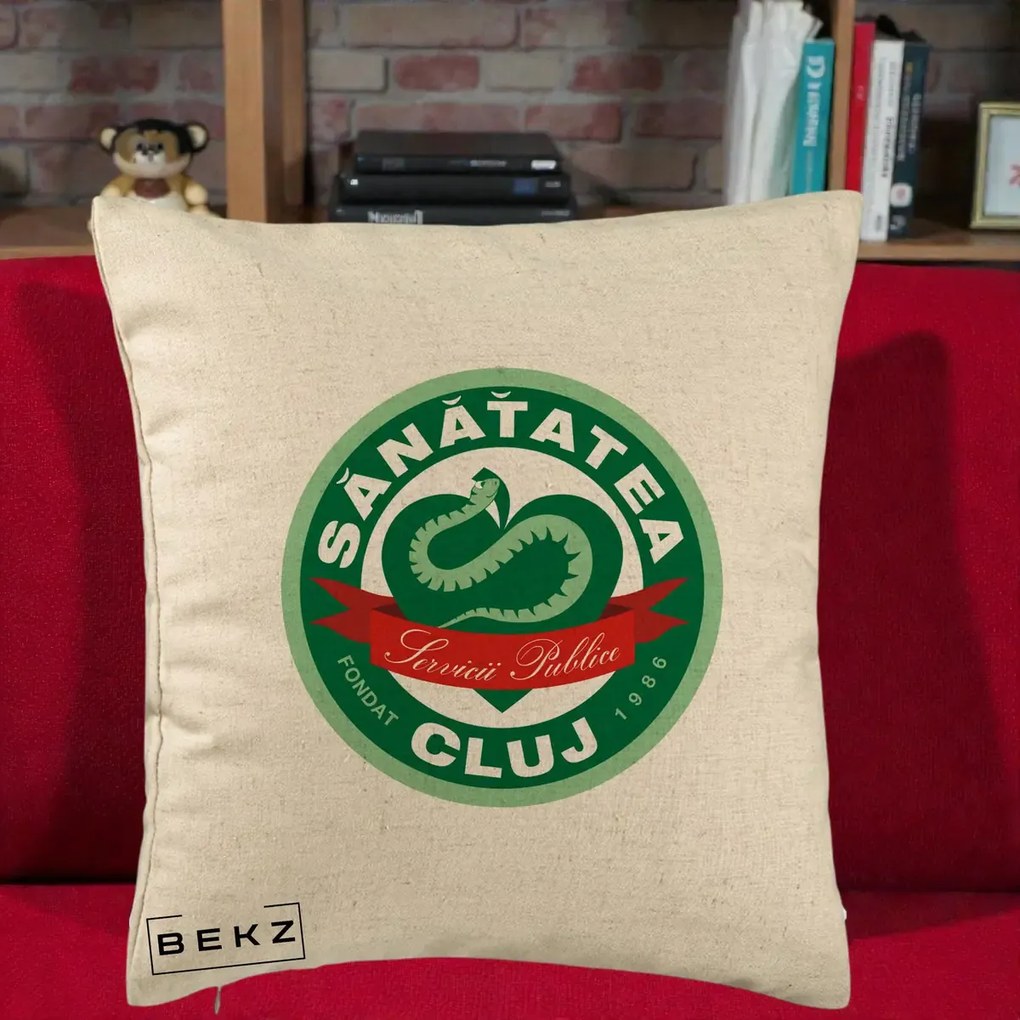 Perna Personalizata Sanatatea Cluj Servicii Publice 1986, 40x40 cm, Bej, Husa Detasabila, Perna Inclusa, BEKZ®