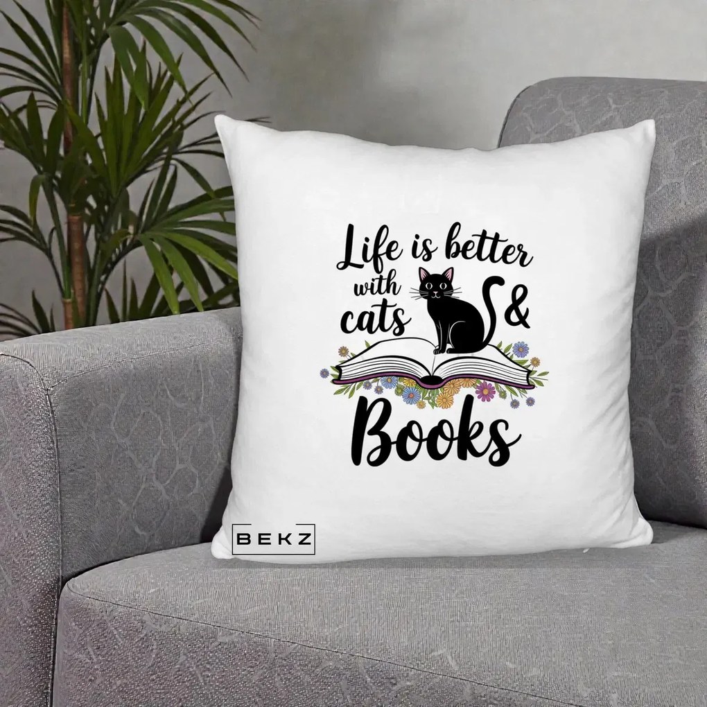 Perna Personalizata Life is Better Cats and Books, 40x40 cm, Alb Pufos, Husa Detasabila, Perna Inclusa, BEKZ®