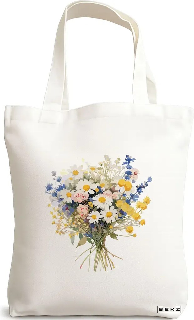 Sacosa de Panza pentru Cumparaturi, Geanta Tote, model Flower Bouquet 6, 38 x 34.5 cm, Alba, BEKZ®
