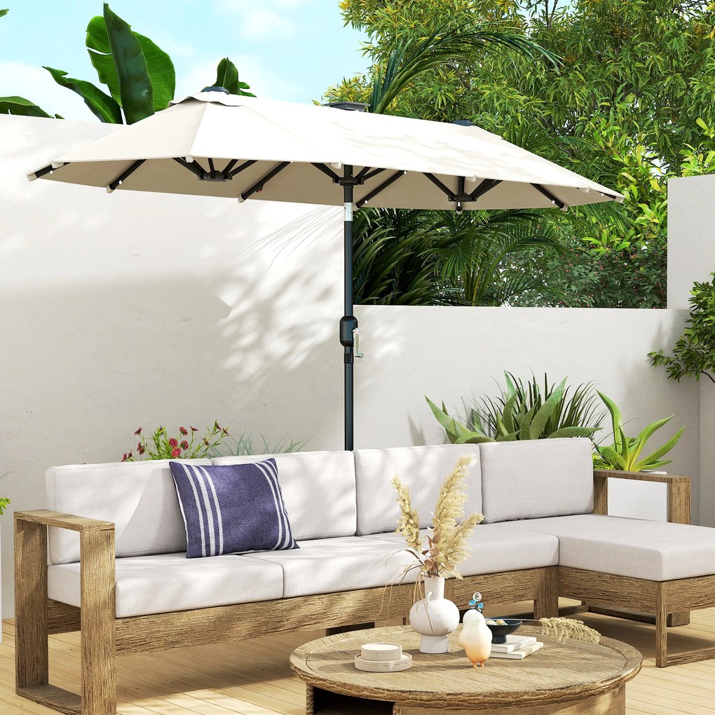 Outsunny Umbrelă dublă, umbrelă terasă, înclinabilă, cu panou solar, 35 LED-uri, cadru din oțel, bej, 2,92 x 1,50 x 2,18 m | Aosom Romania